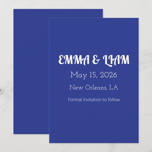 Djupt Blått Bröllopsinbjudande med Kraftfull Minim Spara Datumet (Fram/baksida)