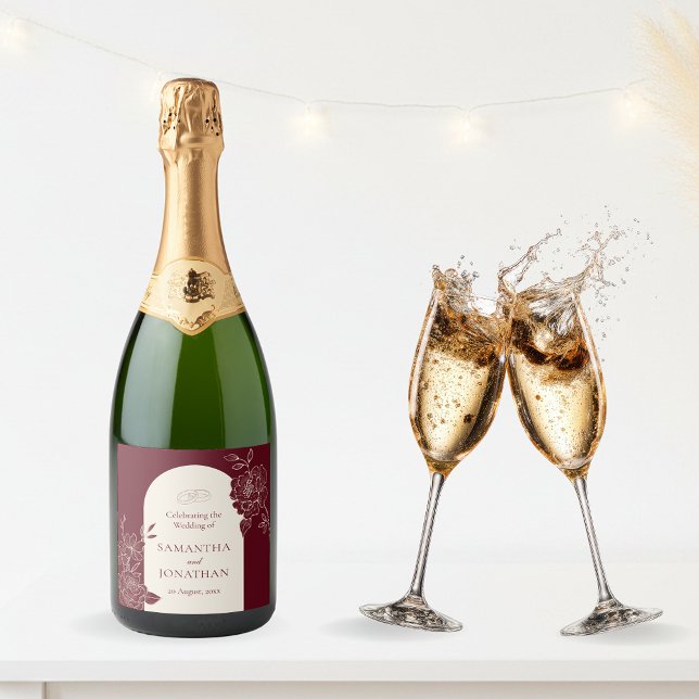 Djupt Burgunderfärgad Blomster med Elfenbensfärgad (Deep Burgundy Floral Line Art with Ivory Arch Wedding Wine Champagne Label)