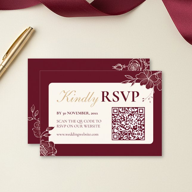 Djupt Burgunderfärgat Blommigt Bröllops-Svar med Q OSA Kort (Deep Burgundy Floral Line Art RSVP with Barcode Wedding Enclosure Card)