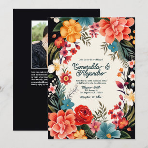 Djupt Färgrik Blommig Festlig Bröllopsfoto & QR-ko Inbjudningar