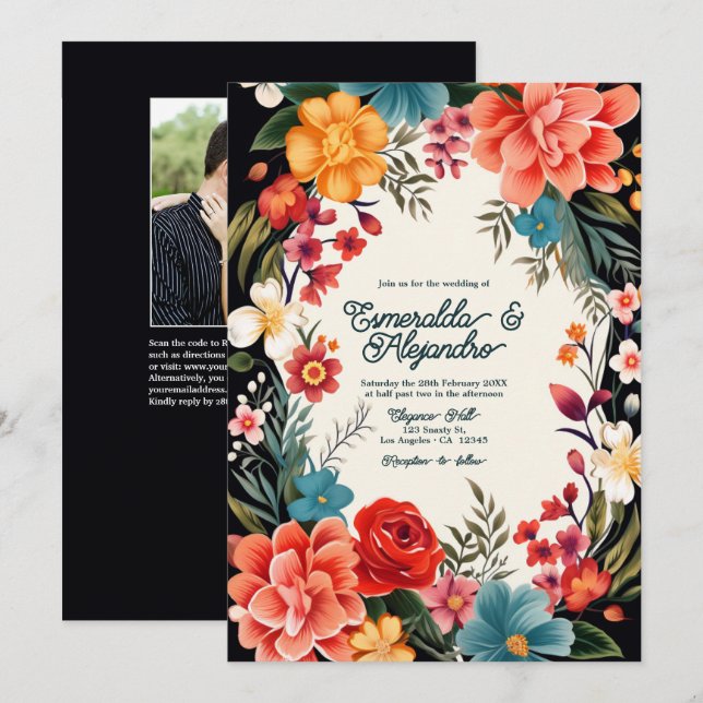 Djupt Färgrik Blommig Festlig Bröllopsfoto & QR-ko Inbjudningar (Fram/baksida)