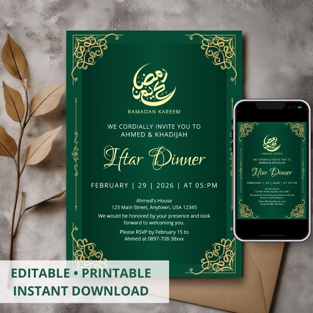 Djupt grön och guld Ramadan Iftar-inbjudan Inbjudningar (Skapare uppladdad)