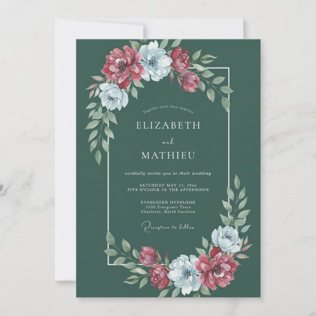 Djupt Grönt Krysantemum Vattenfärg Bröllop Inbjudningar (Framsida)