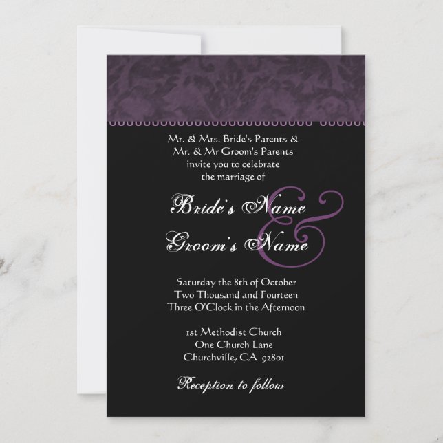 Djupt Lila Batik Damask Wedding bjudande Inbjudningar (Framsida)
