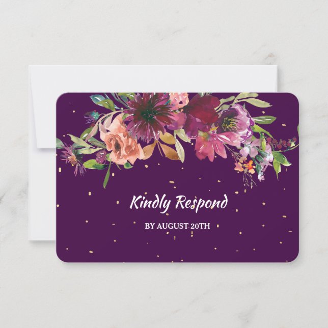 Djupt lila blomsterguldkonfetti meny bröllops-RSVP (Framsida)