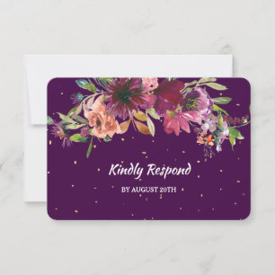 Djupt lila blomsterguldkonfetti meny bröllops-RSVP