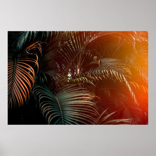 Djupt mörk grönt handflatan löv mönster med ljus e poster (Framsidan)