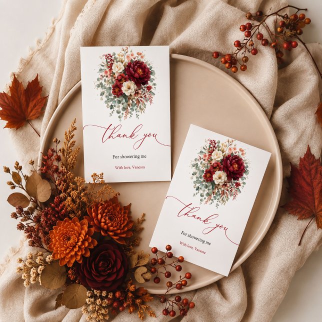 Djupt röd boho höstblomma tackkort grönska tack kort (Deep red boho fall floral thank you card greenery design

)