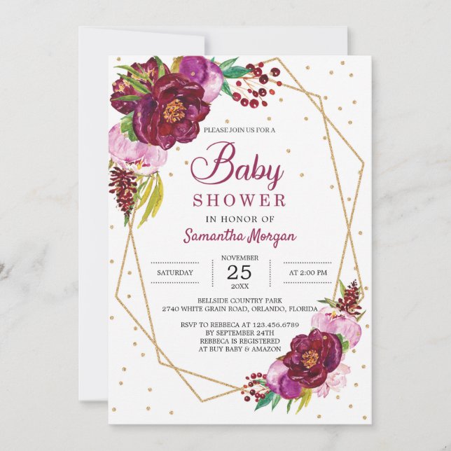 Djupt rödmaronljus rosa guld boho babydusch inbjudningar (Framsida)