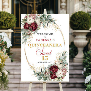 Djupt rött blommande eucalyptus guld Quinceañera v Poster