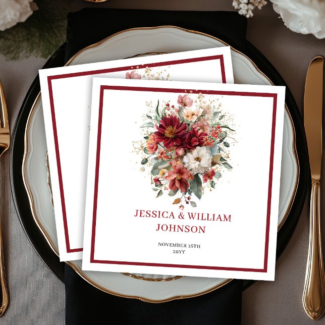 Djupt rött boho blommigt höst eukalyptus bröllop  pappersservett (Deep Red Boho Floral Fall Eucalyptus Wedding Napkins

)