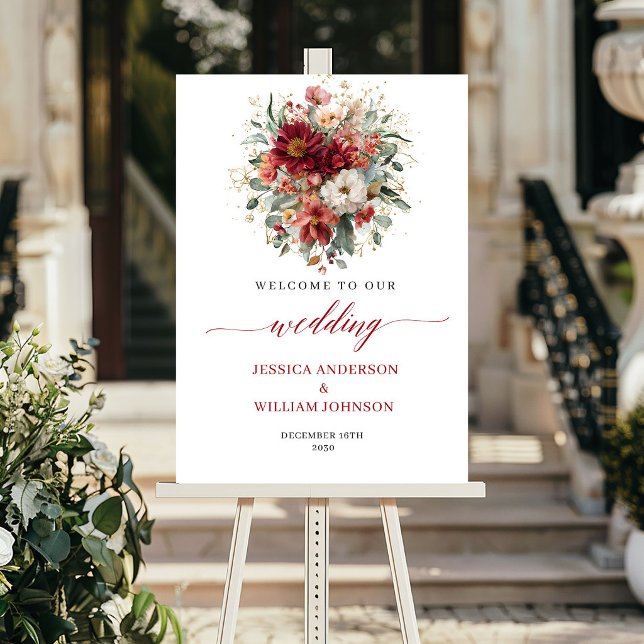 Djupt rött boho blommigt höst eukalyptus bröllopss poster (Deep Red Boho Floral Fall Eucalyptus Wedding Welcome

)