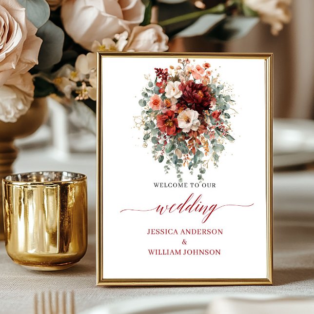 Djupt rött boho-eukalyptus bordsskiva bröllop välk poster (Deep Red Boho Eucalyptus Tabletop Wedding Welcome Sign

)