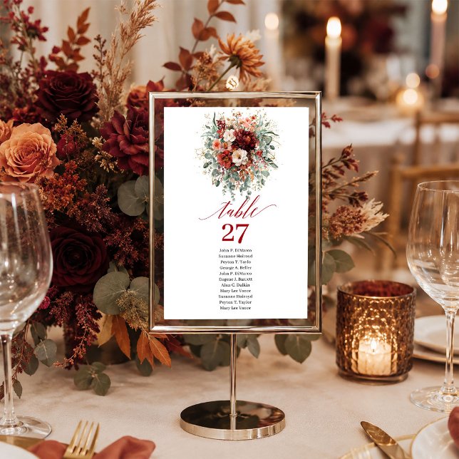 Djupt rött guld burgunder Blommig Höst bord nummer Bordsnummer (Deep Red Gold Burgundy Floral Autumn table number sign

)