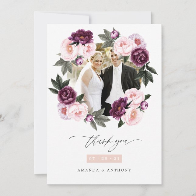 Djupt sammets- och rosablommig bröllopsfoto tack kort (Framsida)