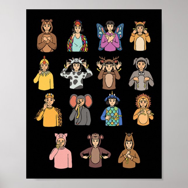 Djur ASL Hand Gesture Döv Hearing Loss Awarene Poster (Framsidan)