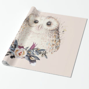 Djur Boho för chic pastellfärgad blommauggla Presentpapper