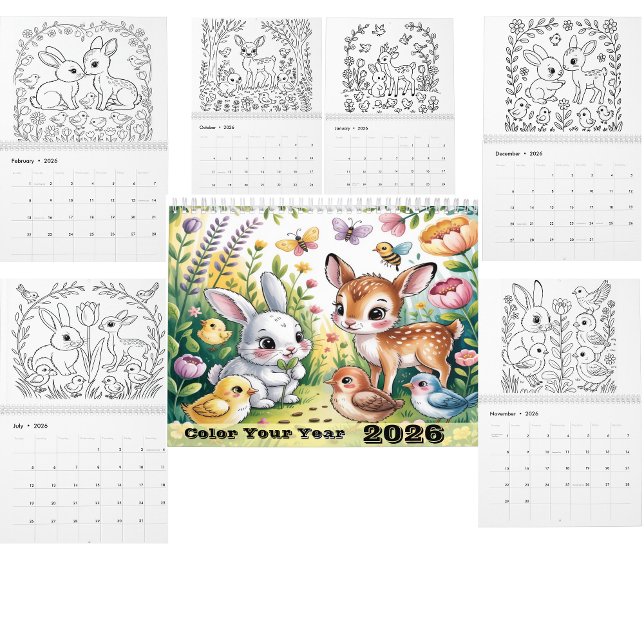 Djur Färgläggning Kalender  Svart & Vit Linjekonst (coloring calendar)