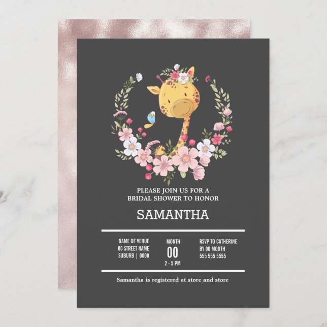 Djur från baby safari-djungeln av Giraffe blommigt Inbjudningar (Fram/baksida)