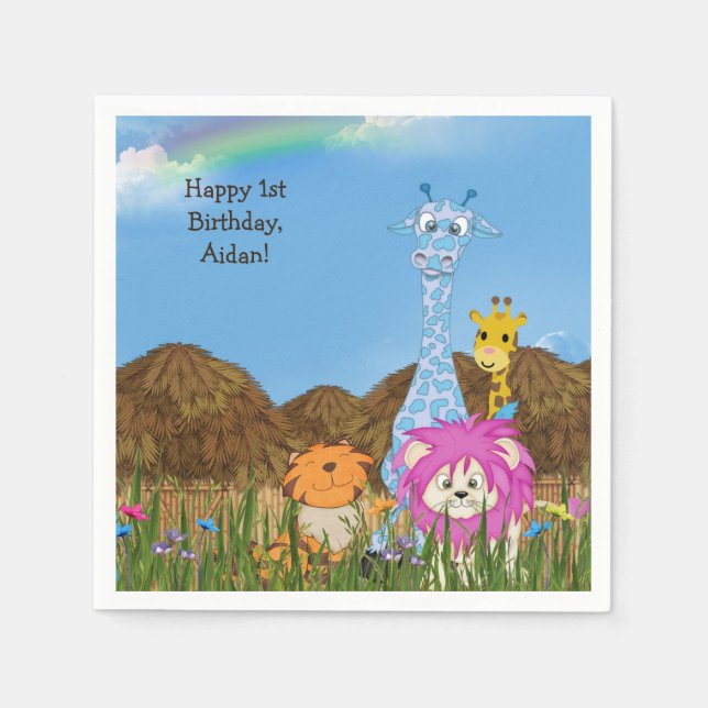 Djur från djungeln i grattis på födelsedagen med h pappersservett (Framsidan)