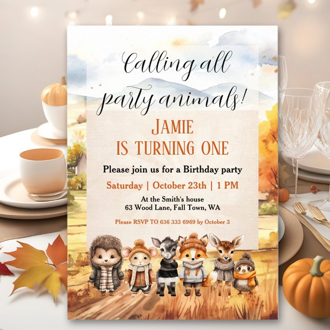 Djur från kalvskog för dagtid 1:a födelsedagsinbju inbjudningar (Cute Fall Woodland Animals 1st Birthday Invitation)
