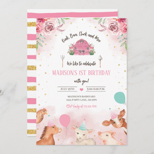 Djur från lantgård Party Inbjudningar (Fram/baksida)