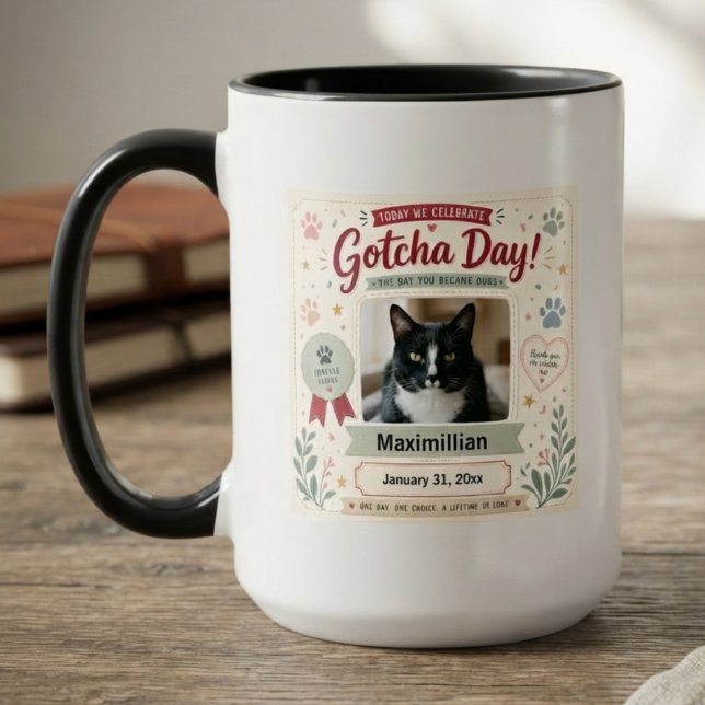 Djur Gotcha Dag Vintage Botanisk Mugg (A photo coffee mug for pet owners celebrating a gotcha day.)
