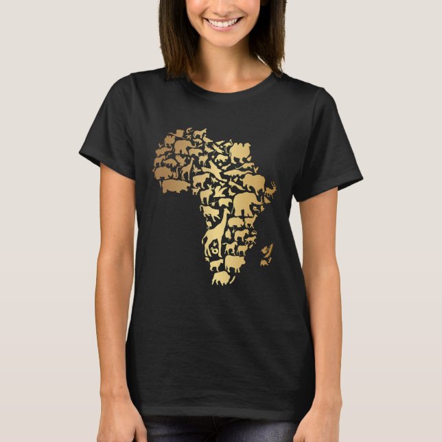 Djur i Afrika Karta Guld T Shirt (Framsida)