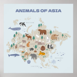 Djur i Asien Illustrated Karta Poster