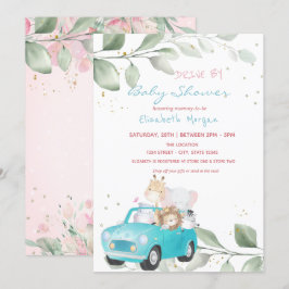 Djur i bil prickar Blommig Drive By Baby Shower Inbjudningar