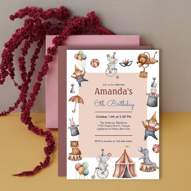 Djur i Circus Barns födelsedag Party Inbjudningar (Whimsical Animals Circus Birthday Party Invitation)