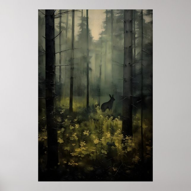 Djur i skogsvintage landskapsmålning poster (Framsidan)