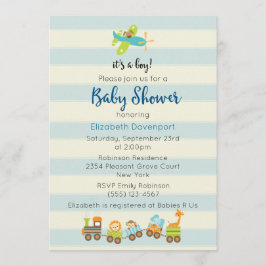 Djur Leksakståg och flygplan Baby Boy Bebis Shower Inbjudningar