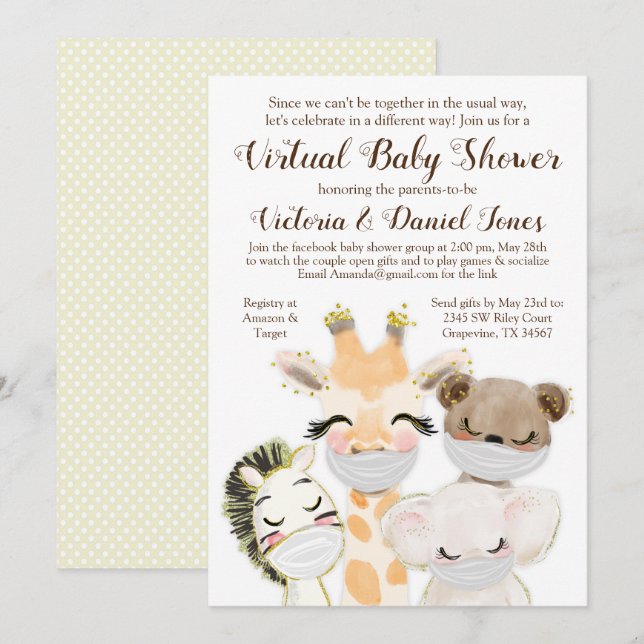 Djur med masker kör genom Covid baby shower Inbjudningar (Fram/baksida)