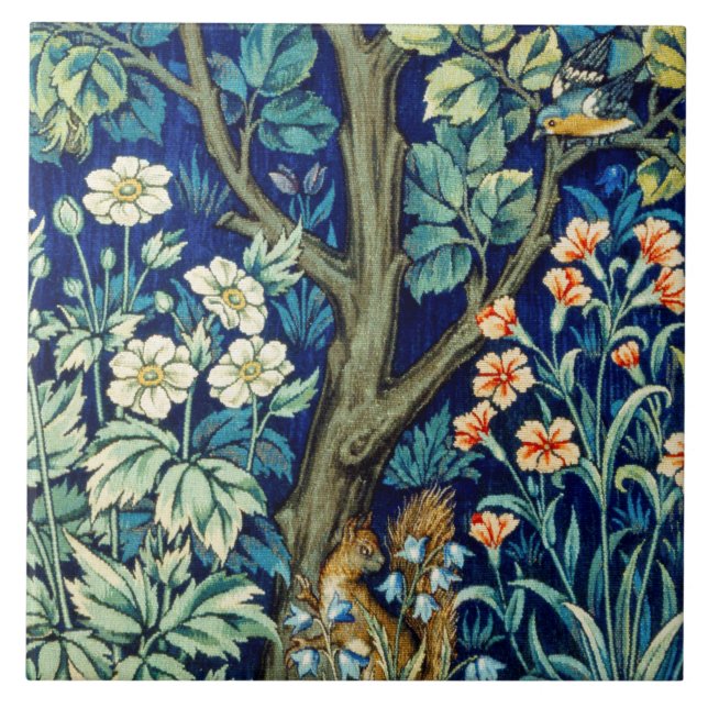 Djur och blommor, skog, William Morris Kakelplatta (Framsidan)