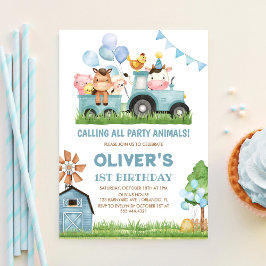 Djur på gården, ladugård, ranchpojkar 1-årsdag inbjudningar