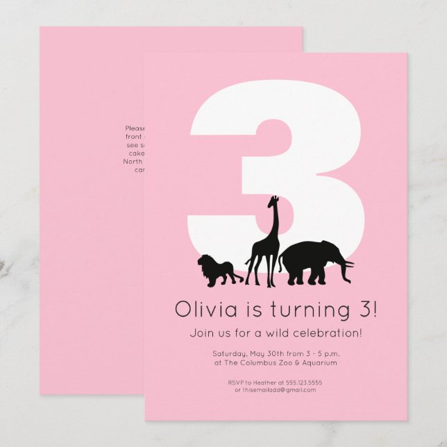 Djur på zoo rosa barnkalas inbjudningar (Fram/baksida)