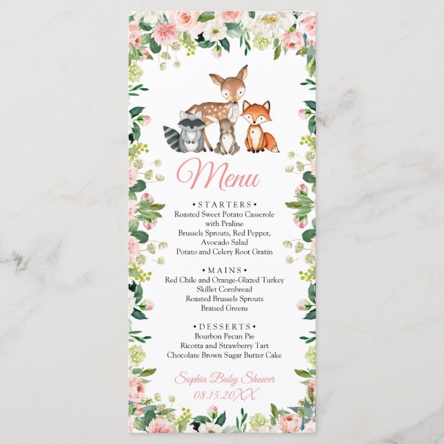 Djur & Rosa Blommig Baby Shower Platt Menu Meny (Framsida)