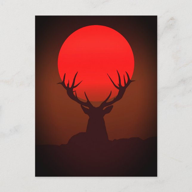 Djur Siluett med Eldröd Solnedgång Vykort (Framsida)