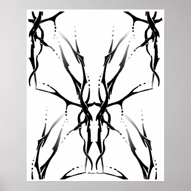 Djur Skalle Tribal Tatuering Digital Svart och Vit Poster (Framsidan)