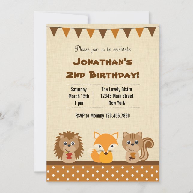 Djur skogsmarkfödelsedagsfest inbjudan (Framsida)