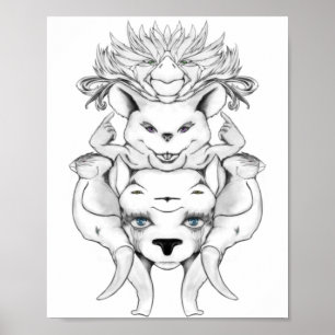 Djur som totem svart och vit linje konst teckning poster