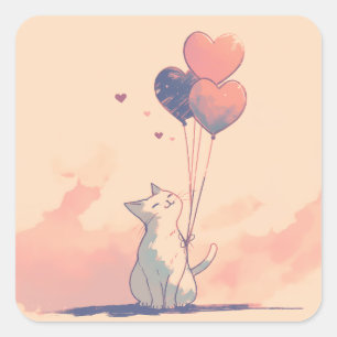 Djur, svart katt med Hjärtformade ballonger Fyrkantigt Klistermärke