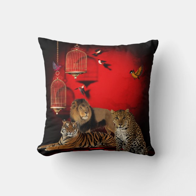 Djur Tiger Leopard Lejon Birds Red Print Kudde (Framsida)