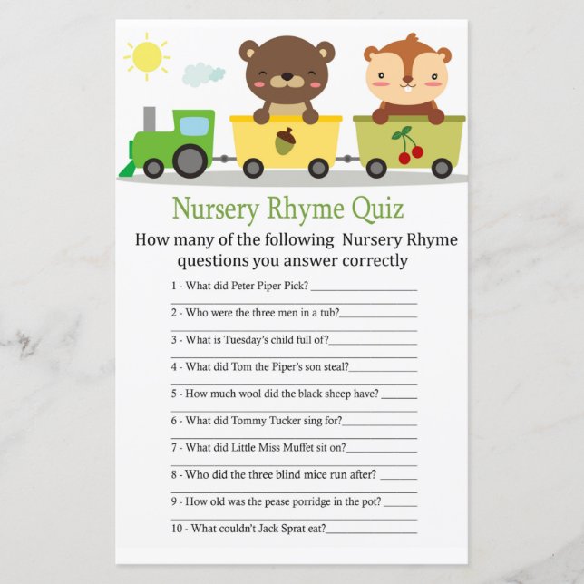 Djur tränar Nursery Rhyme Quiz baby shower spel (Framsida)