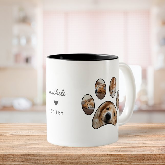Djurälskare Paw Skriv ut eget namn Fotokollage Två-Tonad Mugg (Pet Lovers Paw Print Custom Name Photo Collage Two-Tone Coffee Mug)