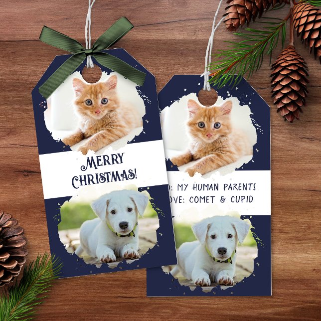 Djurälskare Personlig 2 Foton blå jul Presentetikett (Pet Lovers Personalized Two Photos Blue Christmas Gift Tags)