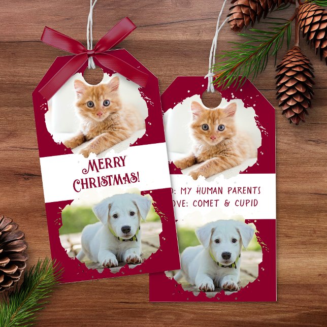Djurälskare Personlig 2 Foton Röd jul Presentetikett (Pet Lovers Personalized Two Photos Red Christmas Gift Tags)