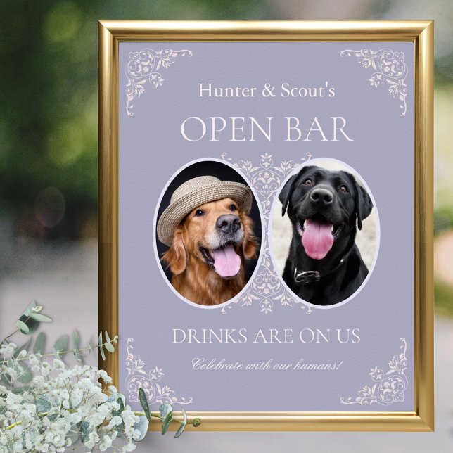 Djurälskares Fransk Lilac Bröllop Open Pub Sign Poster (Elegant french lilac wedding open bar sign for pet lovers 2 dog photos drinks on us for humans)