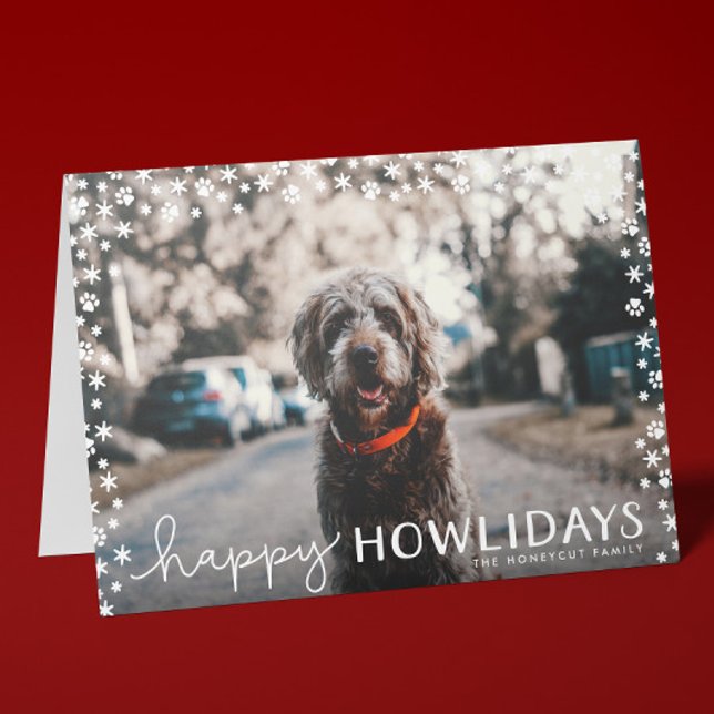 Djurälskarn Lycklig Howlidays Julhälsningar kort (folded Christmas photo card for dog lovers with photo and printed custom message inside)